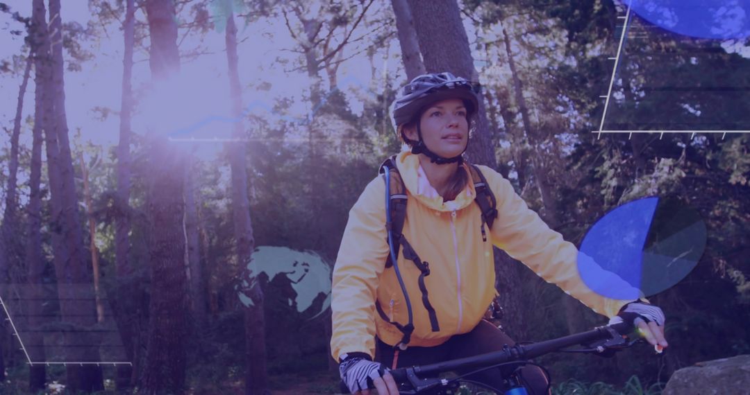 Female Cyclist Exploring Pine Trail with Digital Overlays