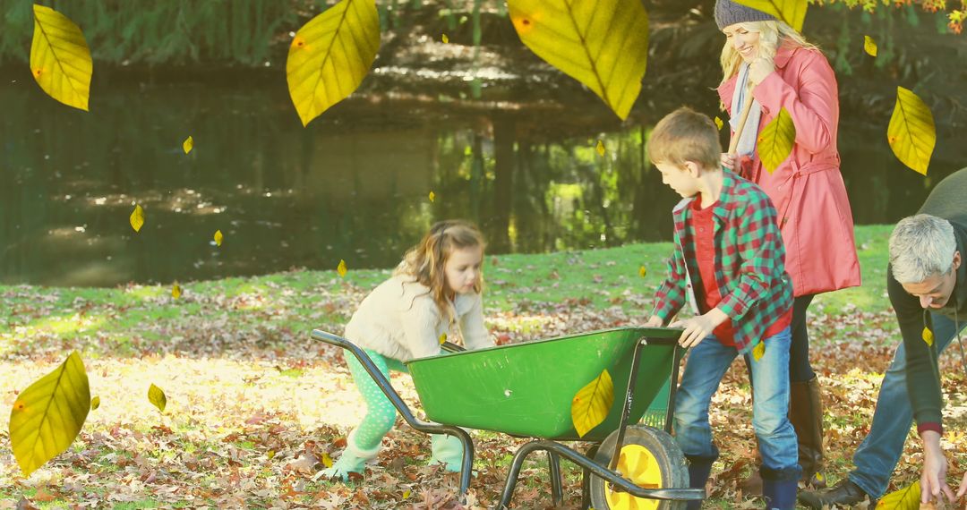 Family Enjoys Autumn By Pond With Children Playing