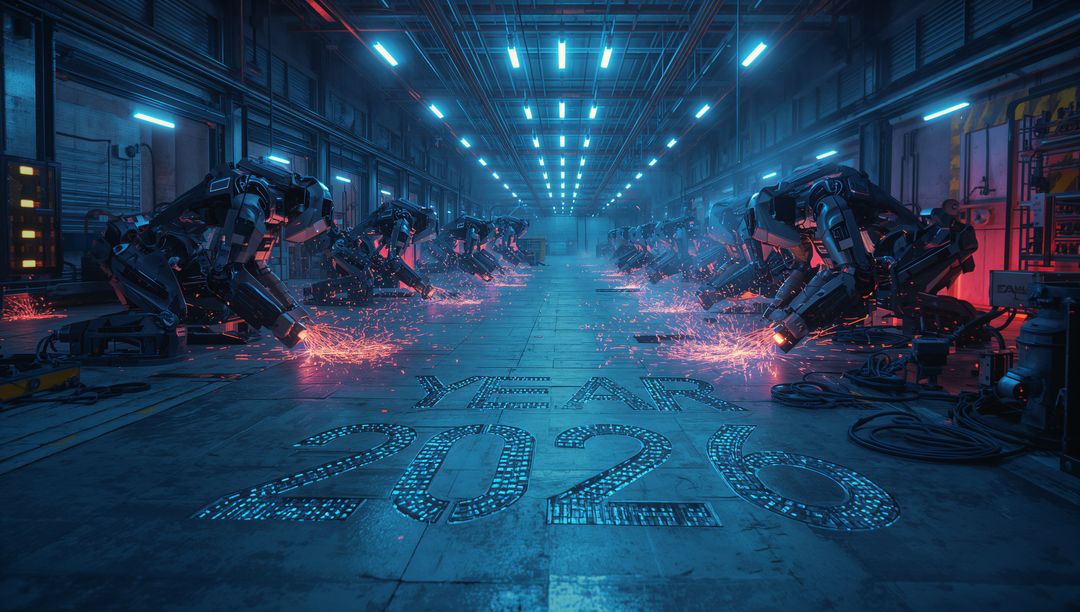 Futuristic Robotic Welding Line Emitting Neon Sparks in High-Tech Manufacturing Year 2026