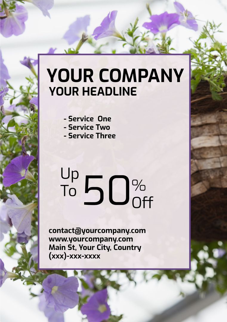 Promotional Flyer with Purple Flowers Offering Up to 50 Percent Off - Download Free Stock Templates Pikwizard.com