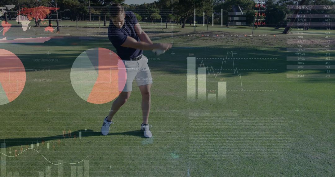 Golfer Backswinging Amidst Futuristic Data Visualizations