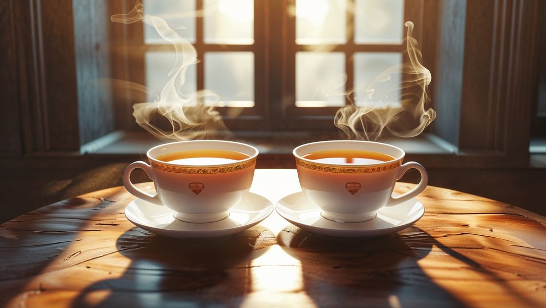 Steaming China Teacups on Rustic Wooden Table in Morning Light