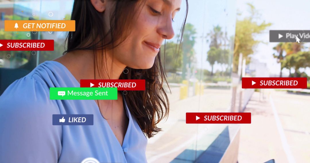 Woman Experiencing Digital Interaction with Notification Overlays