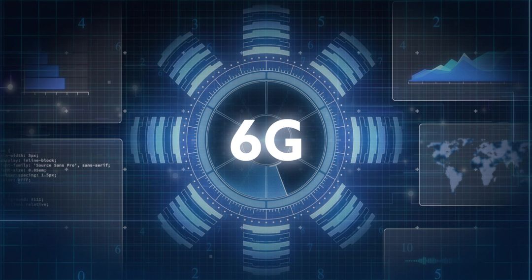 Futuristic 6G Circular HUD Featuring Glowing Rings, Floating Data Panels and Neon Grid