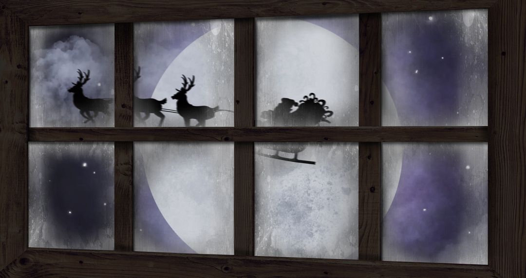 Christmas Eve Santa and Reindeer Silhouette Through Window - Free Images, Stock Photos and Pictures on Pikwizard.com