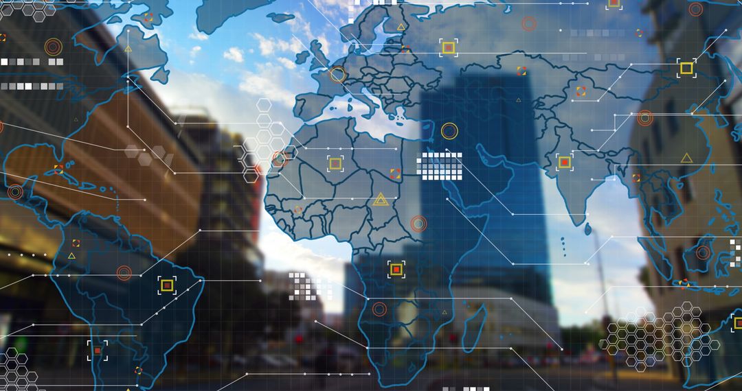 Digital World Map Overlaying Urban Skyscrapers