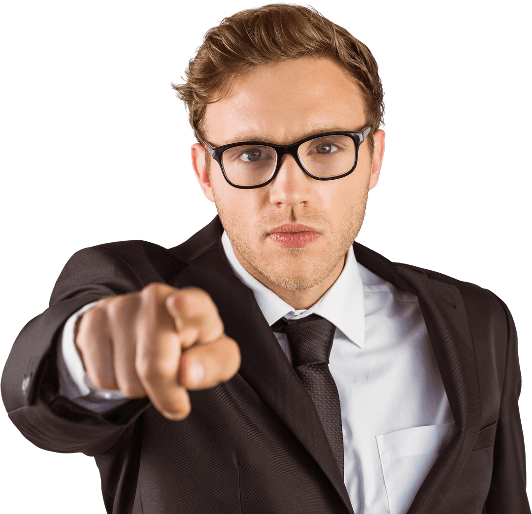 Transparent Businessman Pointing Forward in Dark Suit