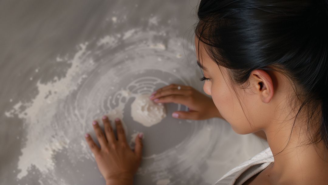 Woman Kneading Dough Over Dusty Grey Surface Creating Concentric Flour Pattern
