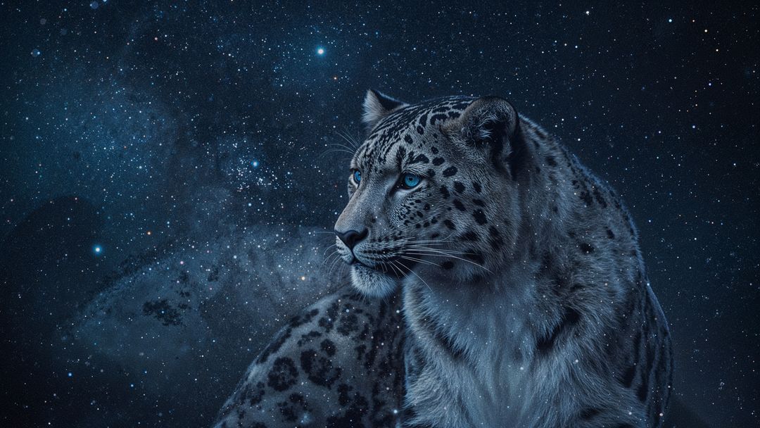 Snow Leopard with Celestial Background Stars and Nebulae