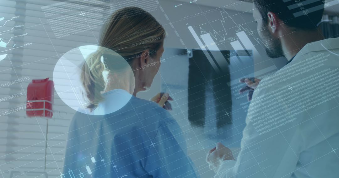 Doctors Discussing X-ray with Futuristic Infographic Interface Overlay