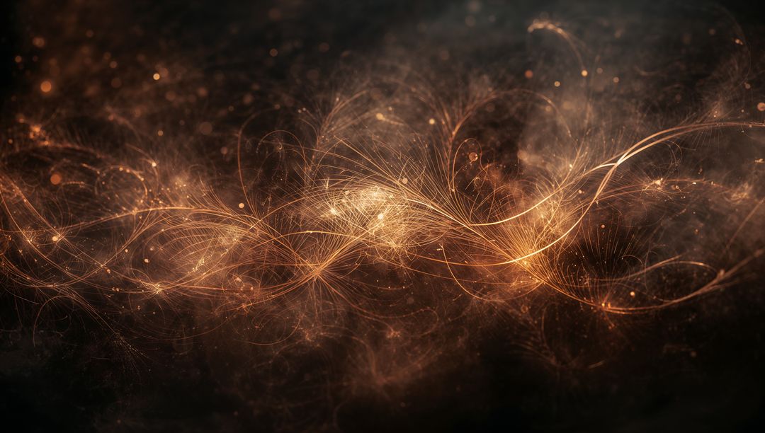 Glowing Golden Fiber Ribbon Flowing Across Dark Field with Luminous Nodes and Particles