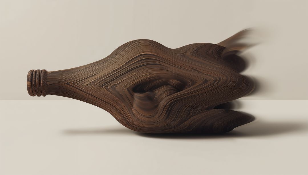 Abstract polished wooden bottle sculpture with flowing grain on smooth beige tabletop