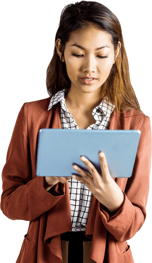 Asian Businesswoman Engaged with Transparent Tablet Device
