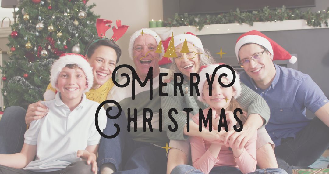 Smiling Family Celebrating Christmas with Santa Hats and Holiday Spirit
