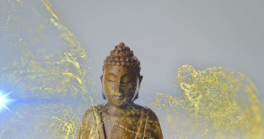 Wooden Buddha Statue with Golden Particles and Lens Flare