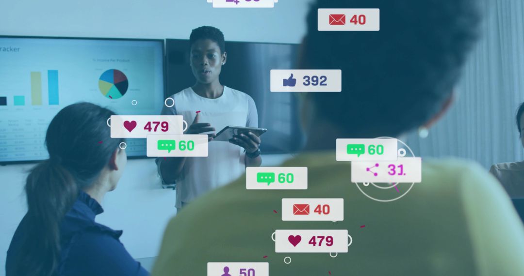 Female Leader Presenting Tablet in Boardroom with Social Media Notifications and Analytics
