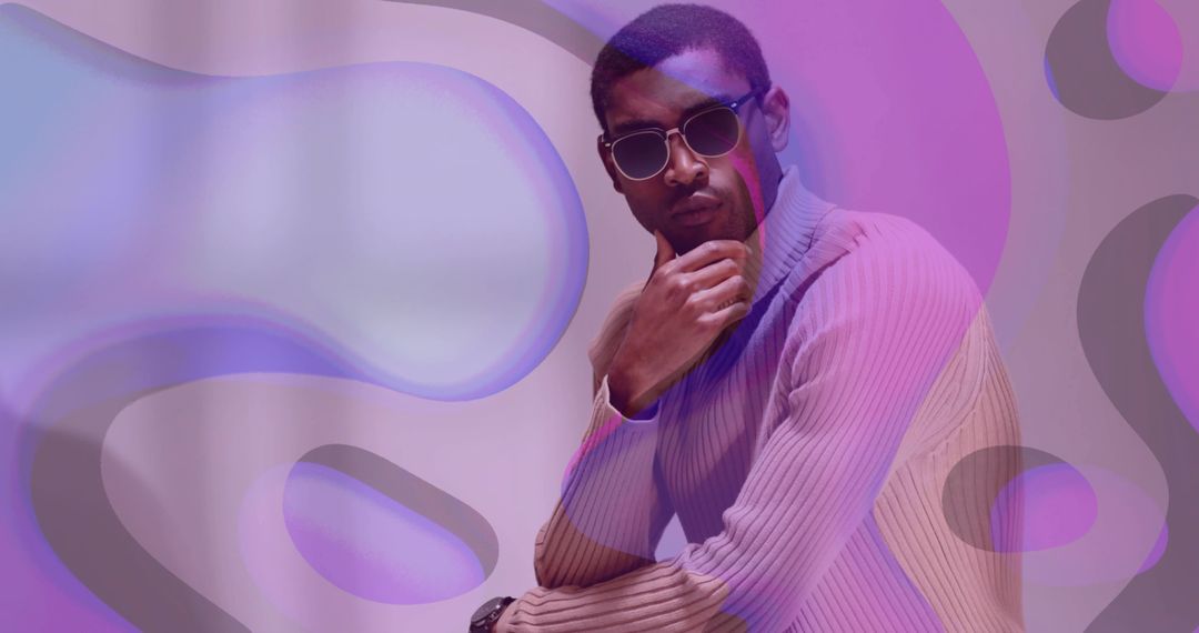 Man in Turtleneck and Sunglasses with Abstract Purple Overlay