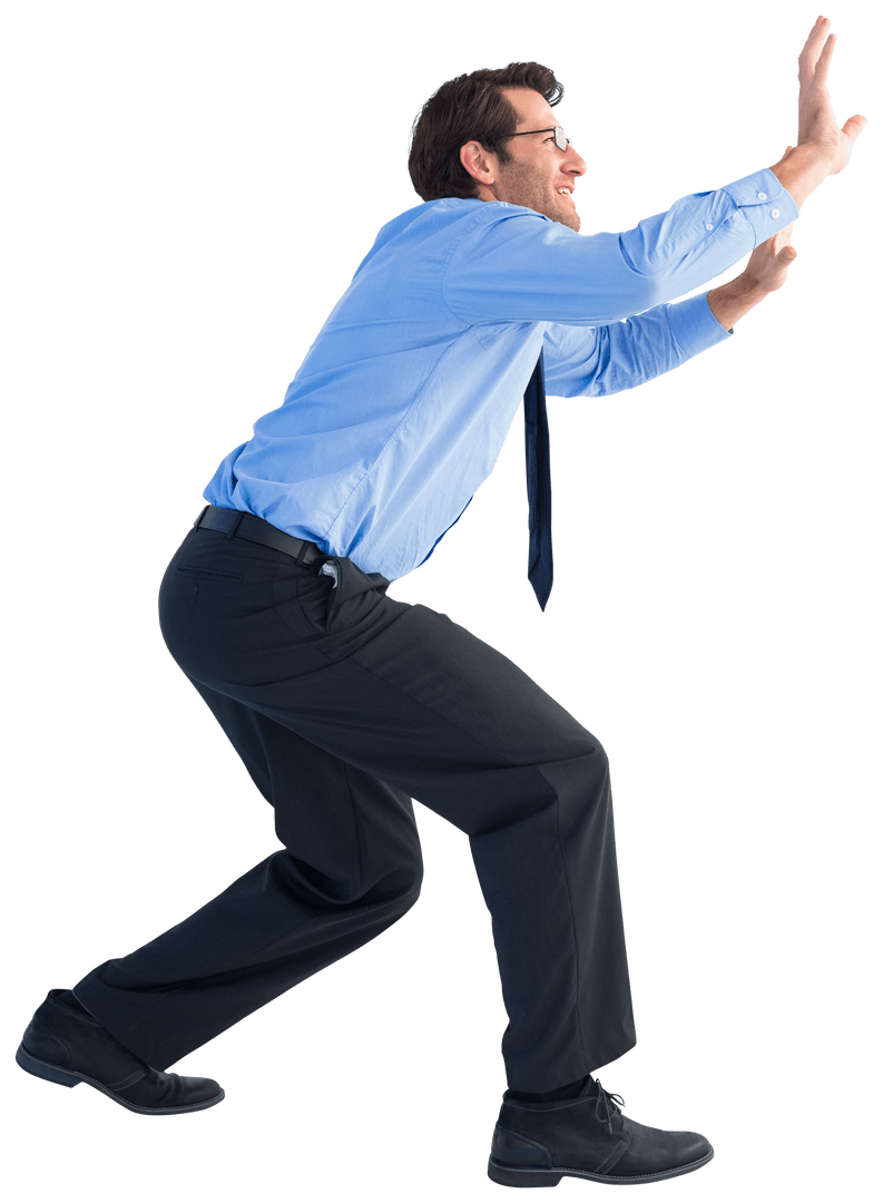 Caucasian Businessman Pushing on Invisible Surface Transparent Background