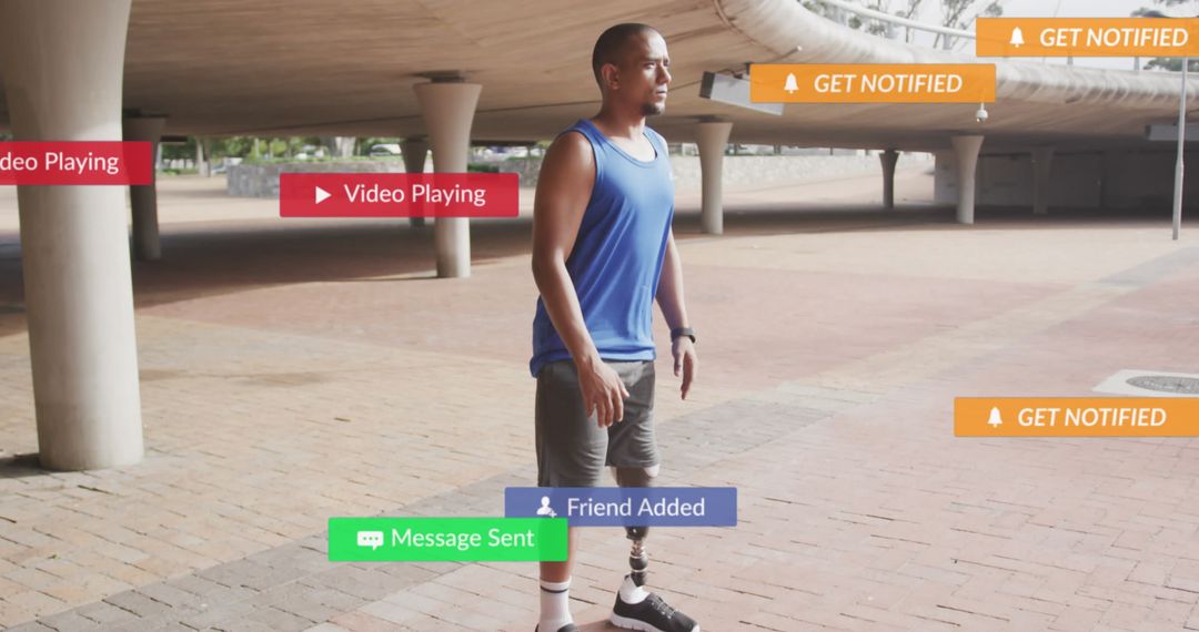 Athlete with Prosthetic Training Outdoors with Digital Notifications