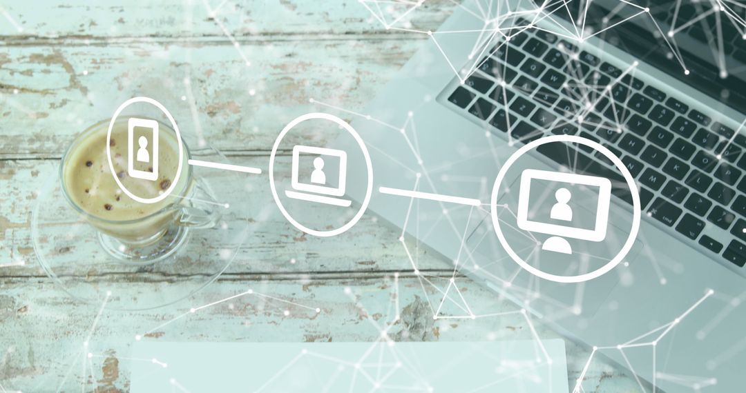 Digital Network Concept Overlay on Coffee Table Workspace