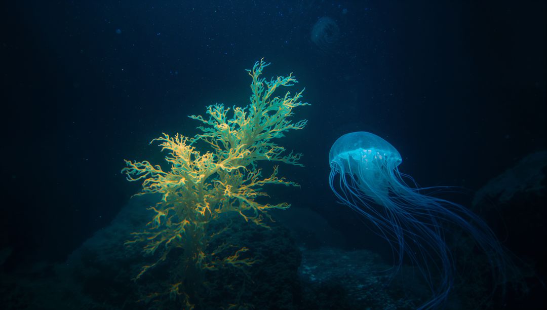 Bioluminescent Jellyfish and Seaweed in Deep Sea Exploration