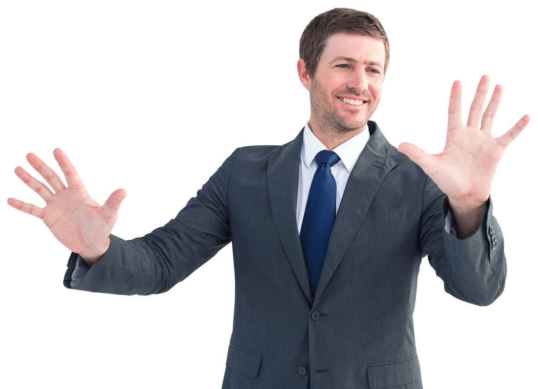 Smiling Businessman with Transparent Gesture