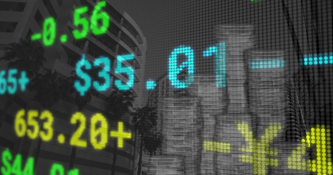Futuristic Financial Data Overlay on Urban Backdrop