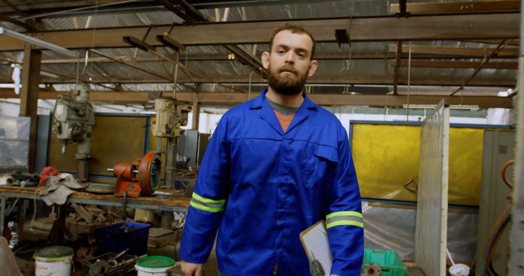 Bearded Factory Worker in Blue Overalls in Workshop - Free Images, Stock Photos and Pictures on Pikwizard.com