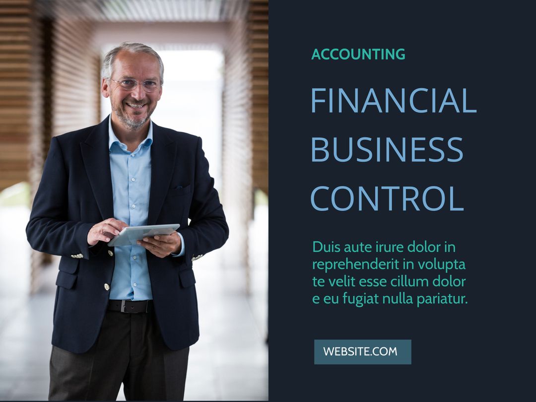 Confident Businessman Holding Tablet in Modern Office Corridor