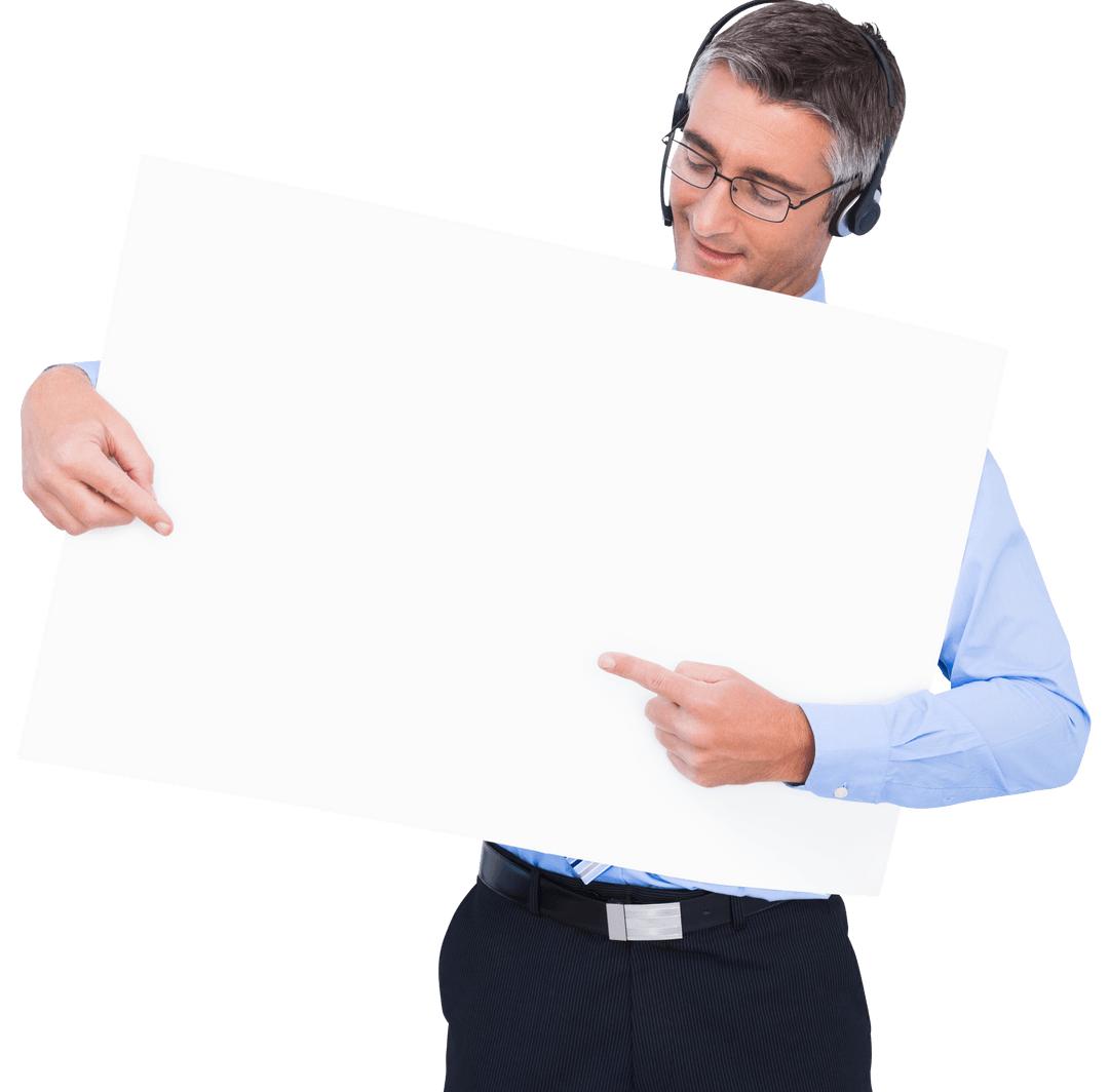Transparent Businessman With Headset Holding Blank Panel
