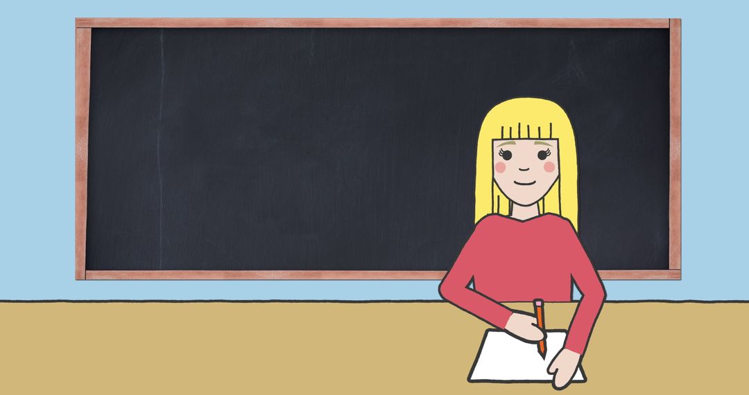Illustration of Schoolgirl Writing with Blackboard Background