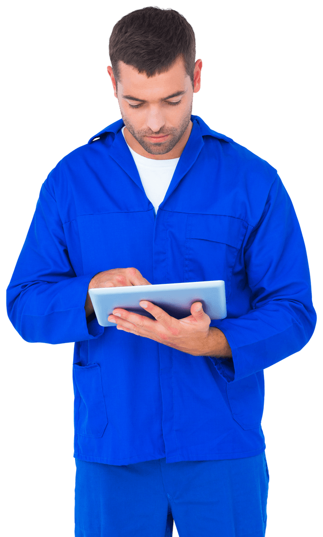 Transparent Male Mechanic In Blue Uniform Using Digital Tablet - Download Free Stock Images Pikwizard.com