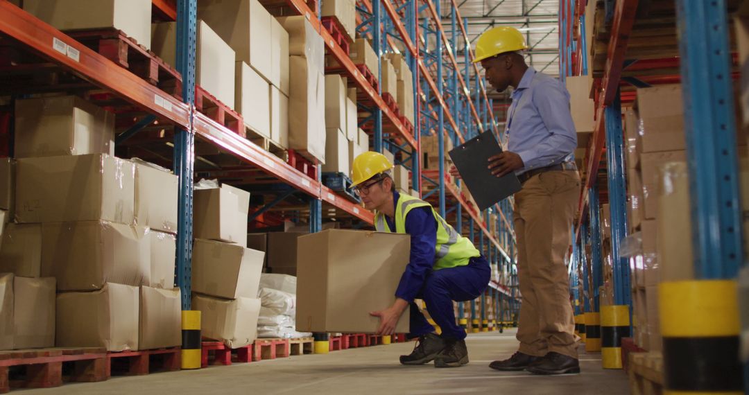 Diverse male workers wearing helmet and carrying boxes in warehouse - Free Images, Stock Photos and Pictures on Pikwizard.com
