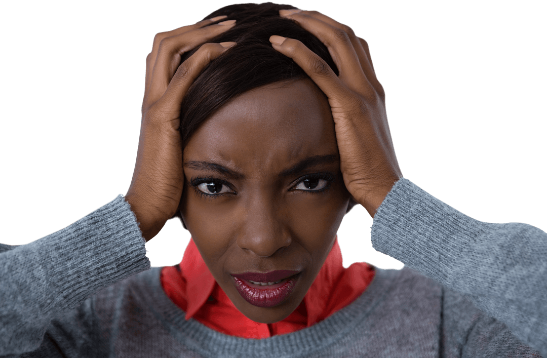Frustrated Woman with Hands on Head on Transparent Background