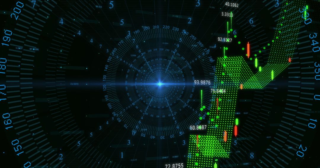 Futuristic 3D Candlestick Grid with Upward Arrow in Digital Interface