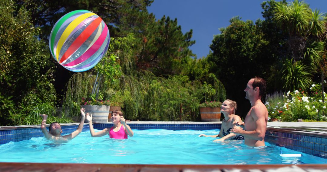 Family Enjoying a Fun Day in Backyard Pool with Colorful Beach Ball - Free Images, Stock Photos and Pictures on Pikwizard.com