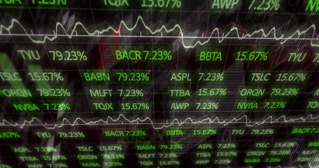 Neon Green Stock Ticker Display Showing Live Percentages, Line Charts and Grid Data