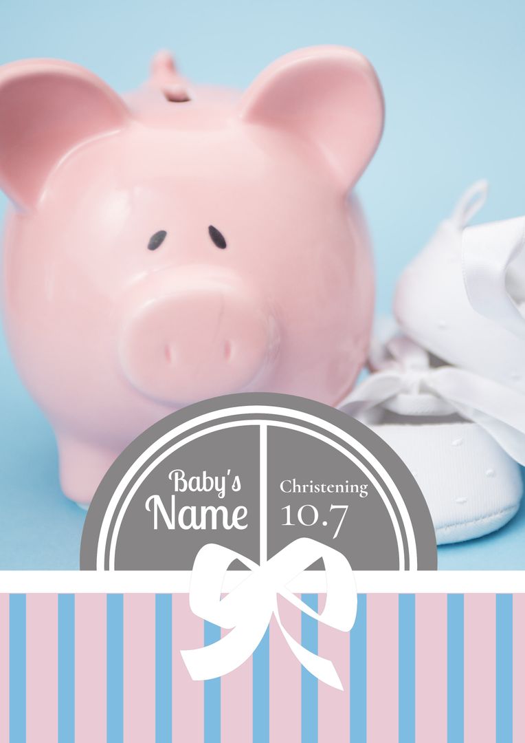 Charming Christening Invitation with Pink Piggy Bank and Baby Shoes