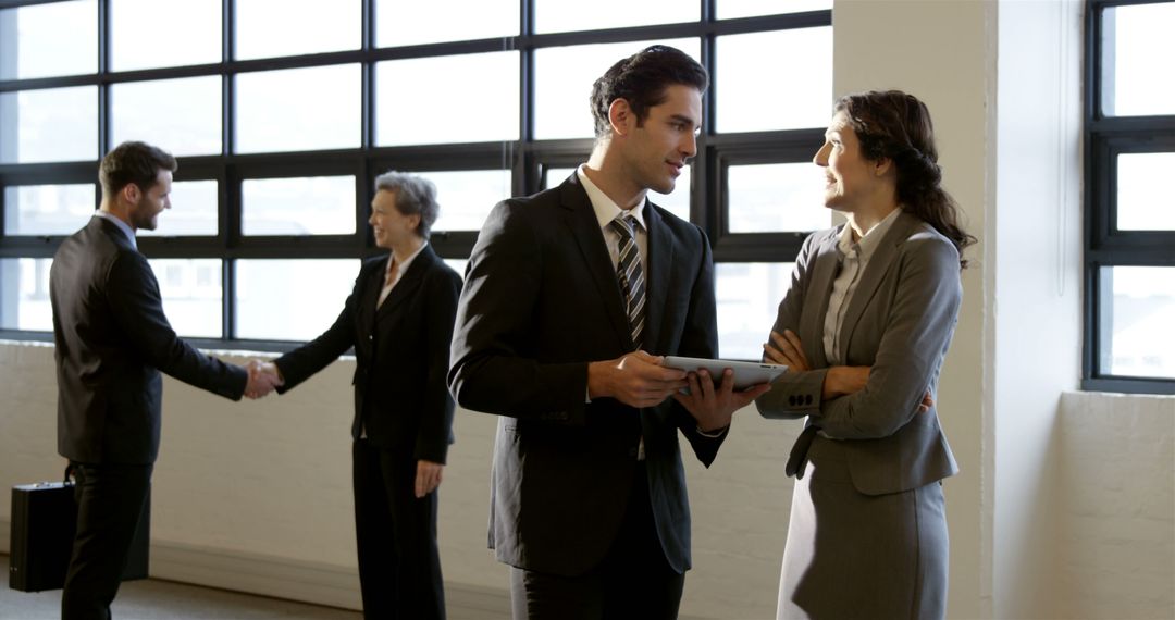 Professional Business Meeting with Colleagues Discussing and Shaking Hands