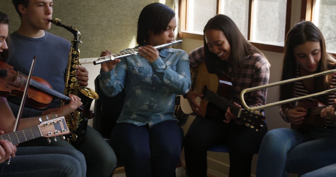 Diverse Teen Students in Band Playing Various Instruments