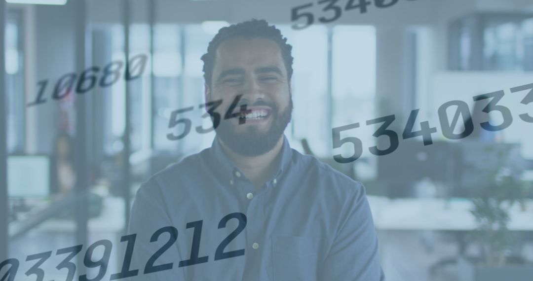 Smiling Businessman Amidst Dynamic Data in Modern Office