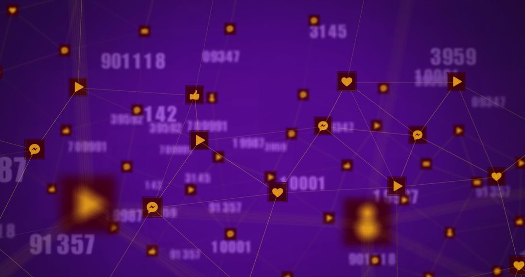 Digital Network with Floating Numbers and Icons on Purple Background