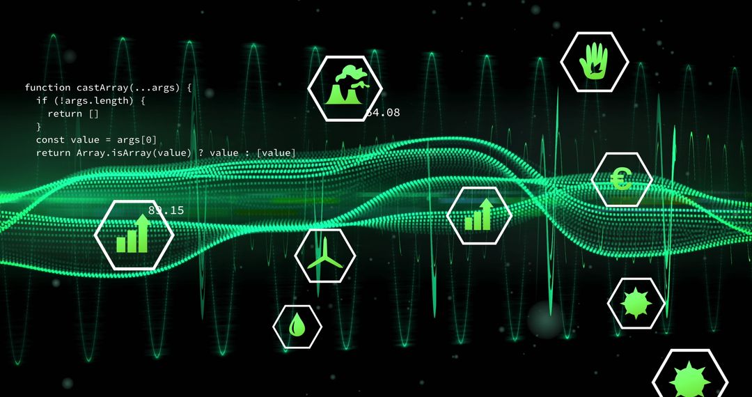 Green Digital Flow with Technology Icons and Code Overlay
