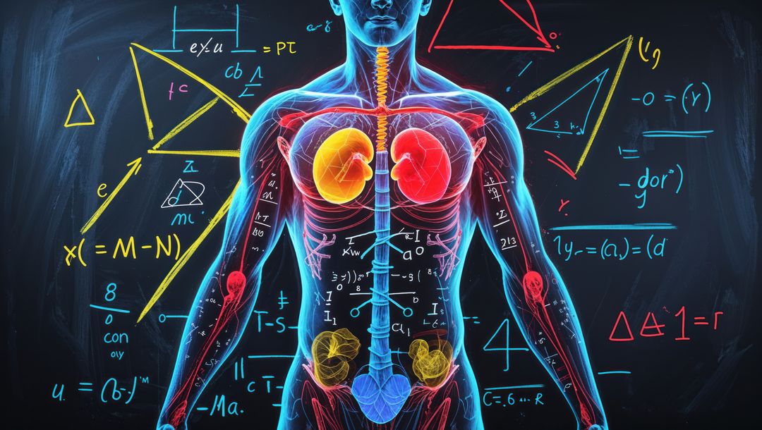 Transparent Anatomy Illustration with Mathematical Formulas on Chalkboard