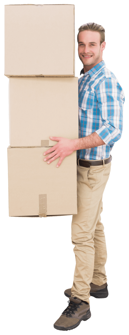 Transparent Smiling Man Standing Holding Cardboard Boxes