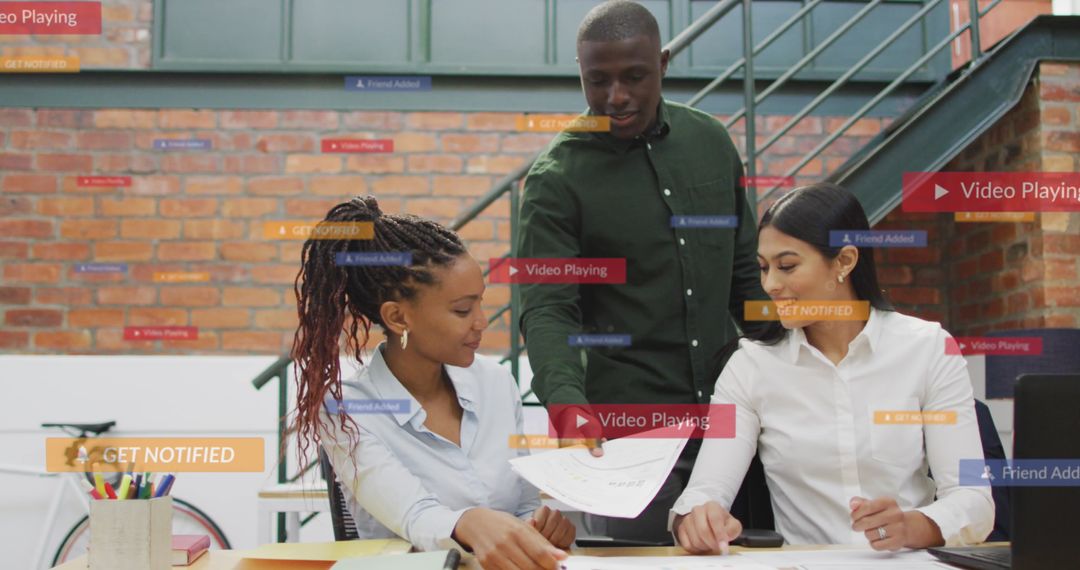 Diverse Team Analyzing Reports with Digital Overlays