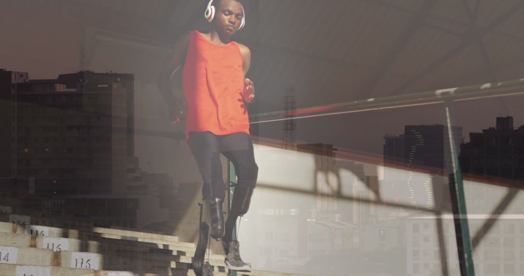 Double Exposure of Athlete with Artificial Legs and Cityscape