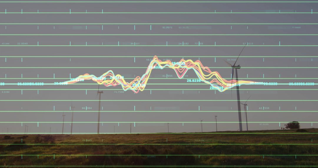 Wind Turbines Overlaid with Dynamic Data Graphs on Open Fields