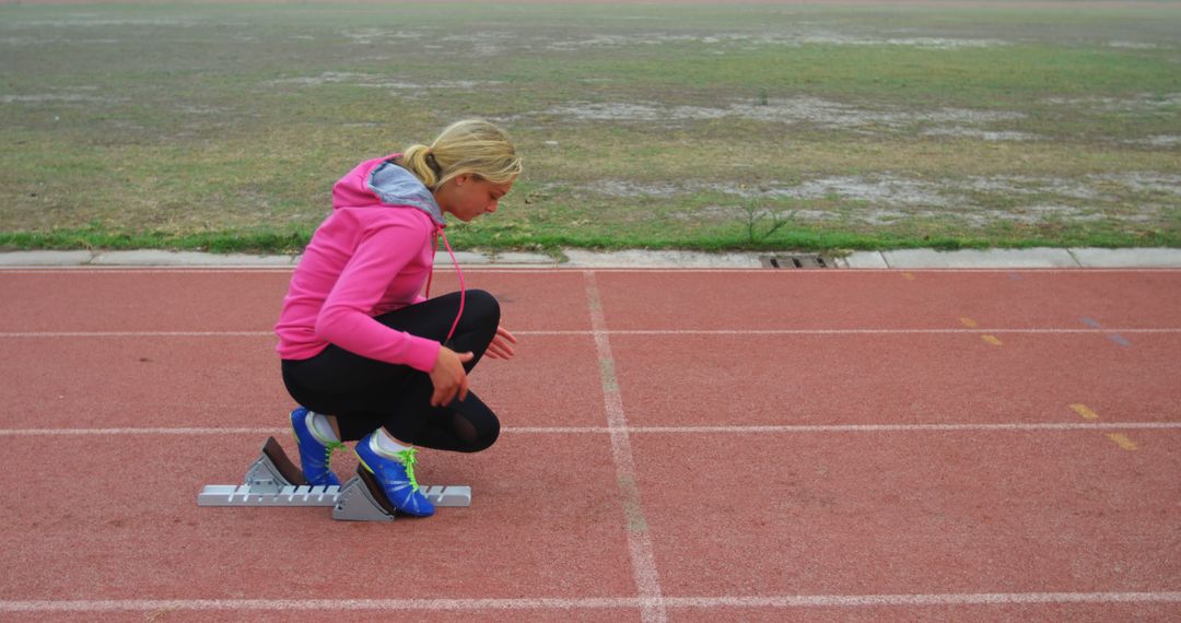 Female Athlete Preparing to Sprint on Outdoor Track - Free Images, Stock Photos and Pictures on Pikwizard.com