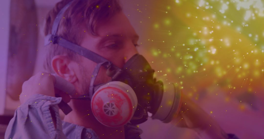 Warehouse Worker with Safety Mask Amid Simulated Glowing Lights